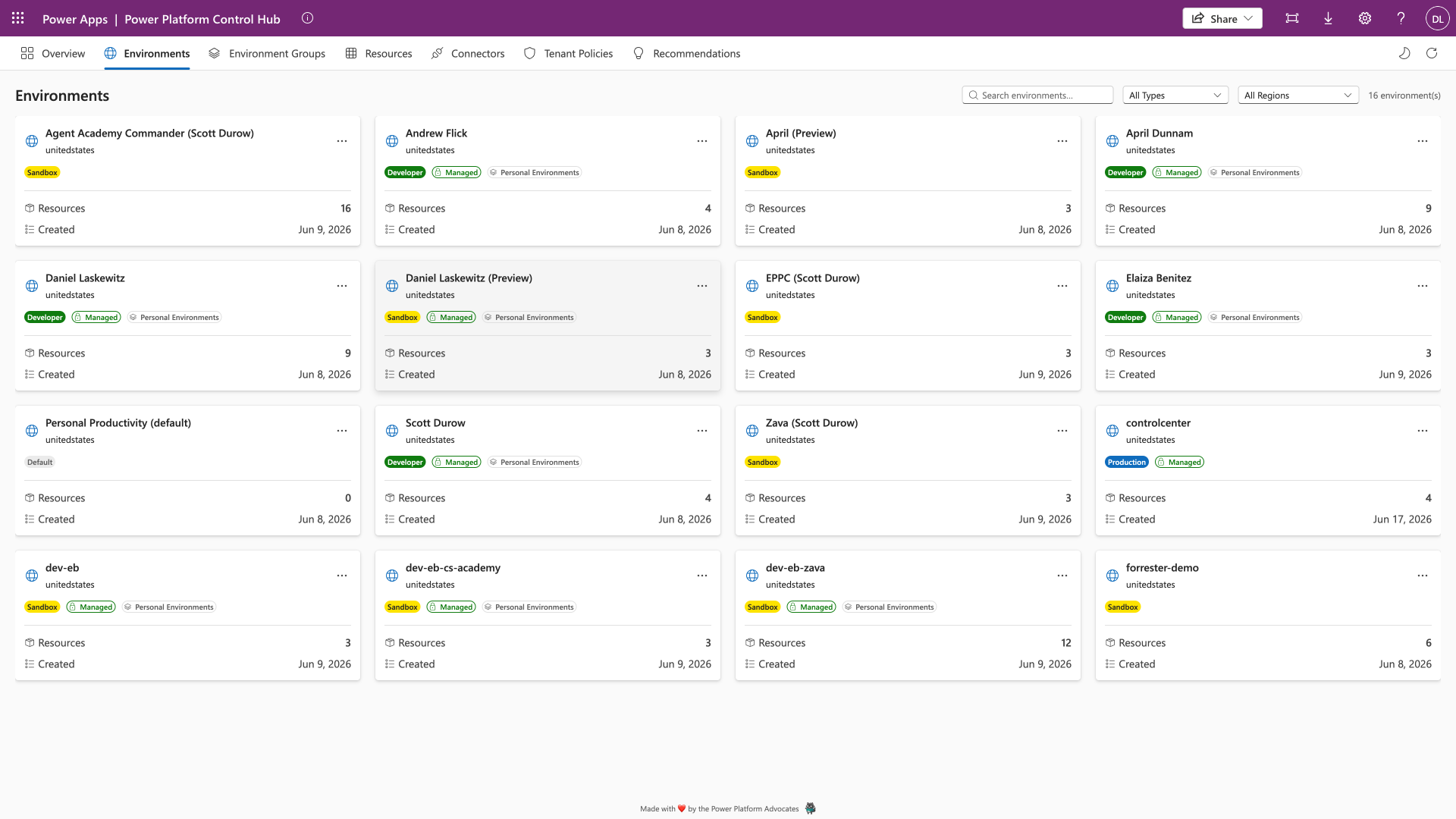 The Environments tab, a grid of environment cards showing type badge, managed indicator, region and resource count.