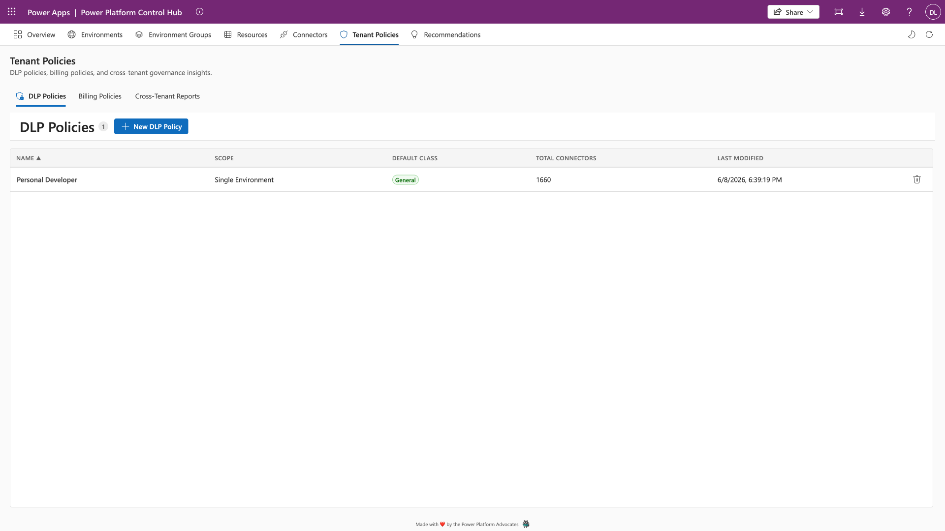 The Tenant Policies tab listing DLP policies, billing policies and cross-tenant connection reports.