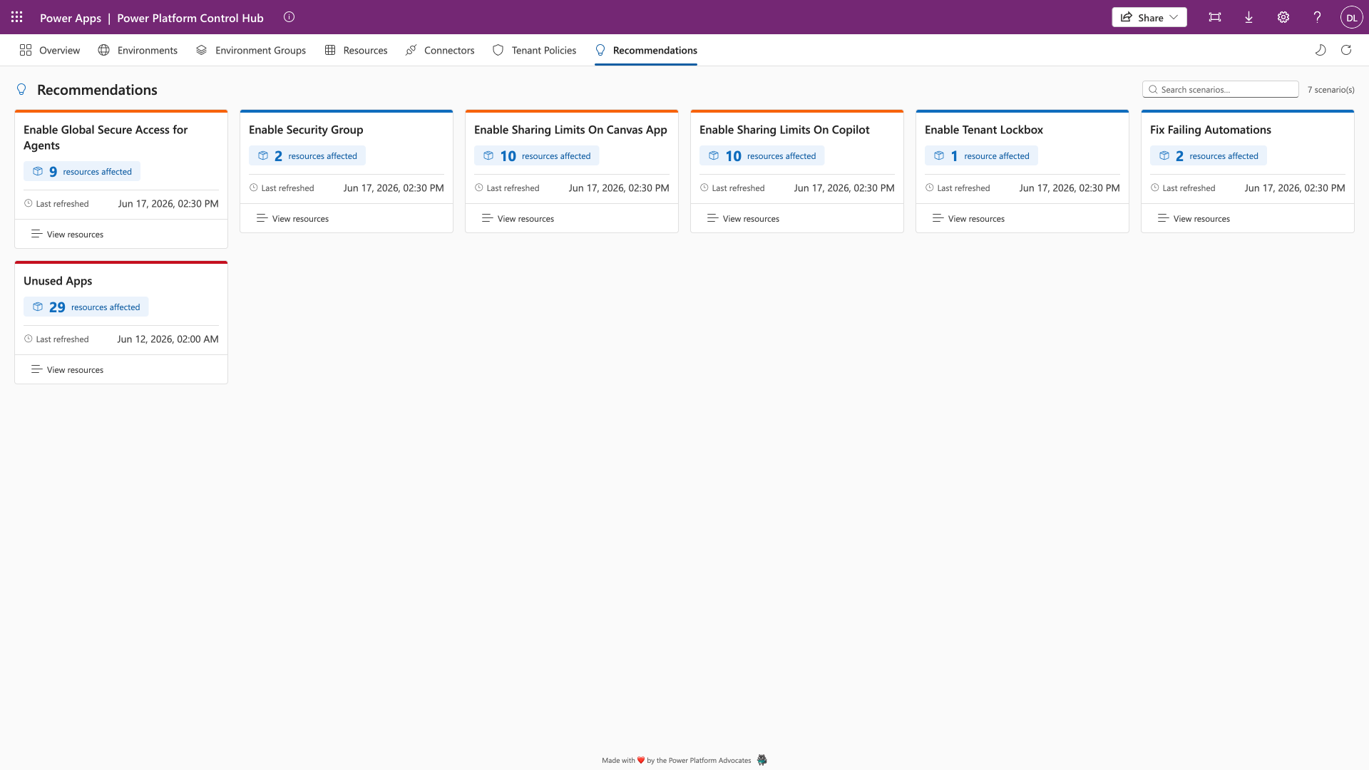 The Recommendations tab showing advisor recommendations returned by the admin API.